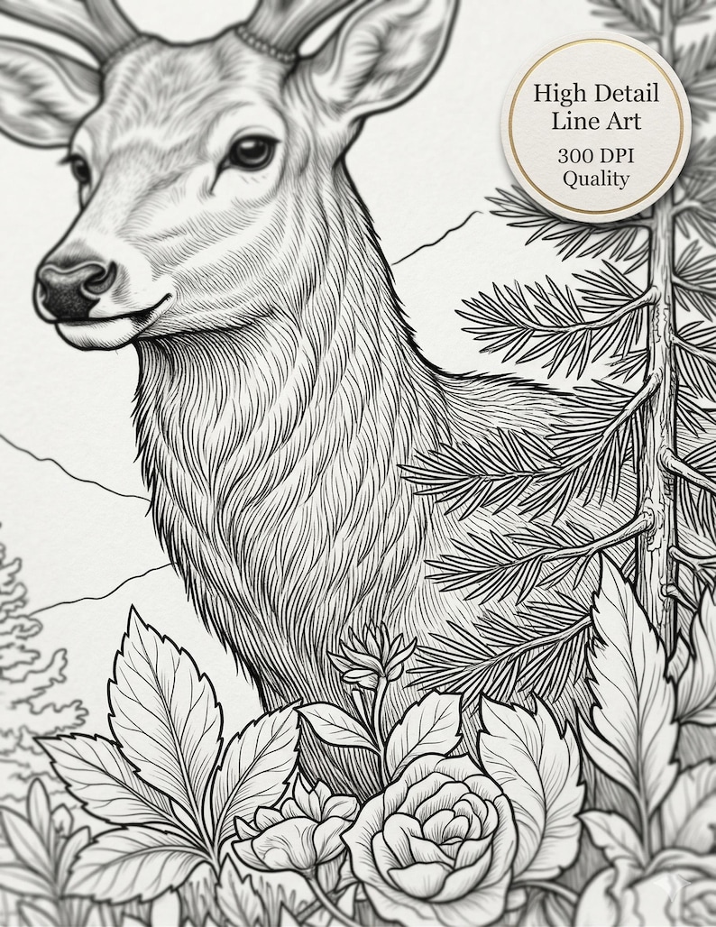 May include: Intricate black and white line art depicting a deer with antlers, surrounded by detailed flora. The image features text: "High Detail Line Art 300 DPI Quality". A nature-themed illustration.