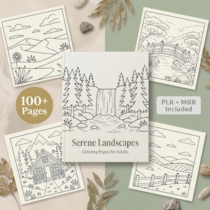 Kleurboek Serene Landscapes, 110 natuurillustraties (PLR en MRR) (digitale download)