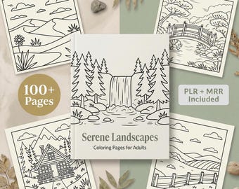 Serene Landscapes Coloring Book, 110 Nature Illustrations (PLR & MRR) (Digital Download)