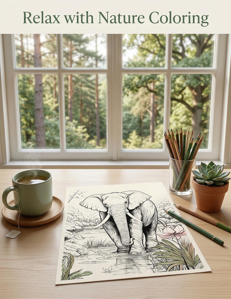 May include: A colouring page depicting an elephant in a natural environment, with the text "Relax with Nature Coloring." The scene includes a cup of tea, coloured pencils, and a small succulent plant. The image is set on a wooden table near a window.