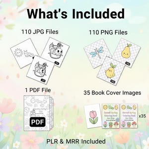 May include: An image with the text "What's Included" shows 110 JPG files, 110 PNG files, 1 PDF file, and 35 book cover images. The book covers have spring-themed illustrations. The phrase "PLR & MRR Included" is also present.