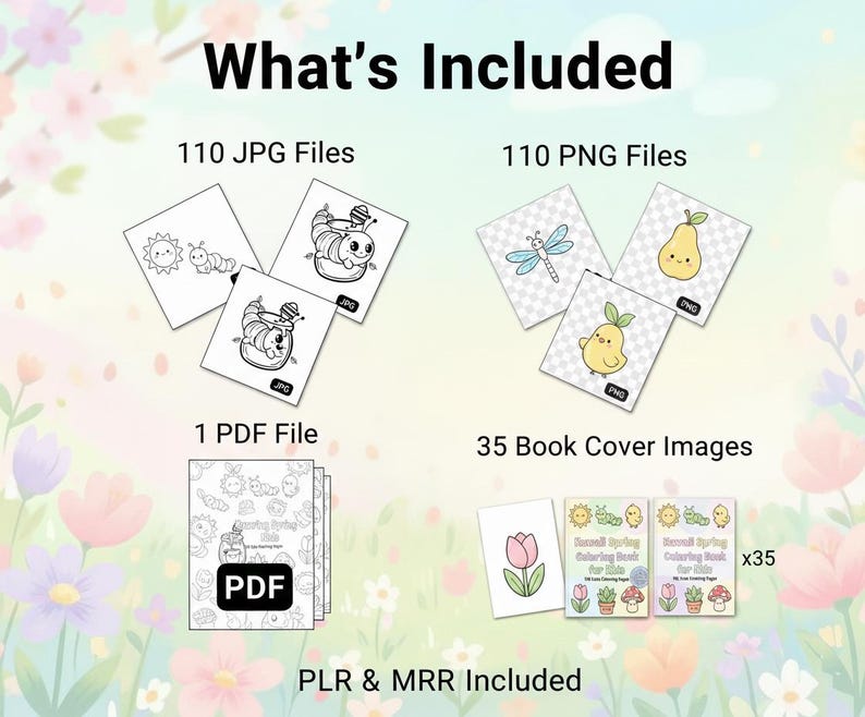 May include: An image with the text "What's Included" shows 110 JPG files, 110 PNG files, 1 PDF file, and 35 book cover images. The book covers have spring-themed illustrations. The phrase "PLR & MRR Included" is also present.
