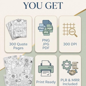 May include: An image with the text "EVERYTHING YOU GET" at the top. It shows a collection of 300 quote pages, PNG, JPG, PDF files, 300 DPI, print-ready files, and PLR & MRR included.
