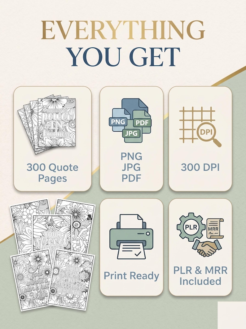May include: An image with the text "EVERYTHING YOU GET" at the top. It shows a collection of 300 quote pages, PNG, JPG, PDF files, 300 DPI, print-ready files, and PLR & MRR included.