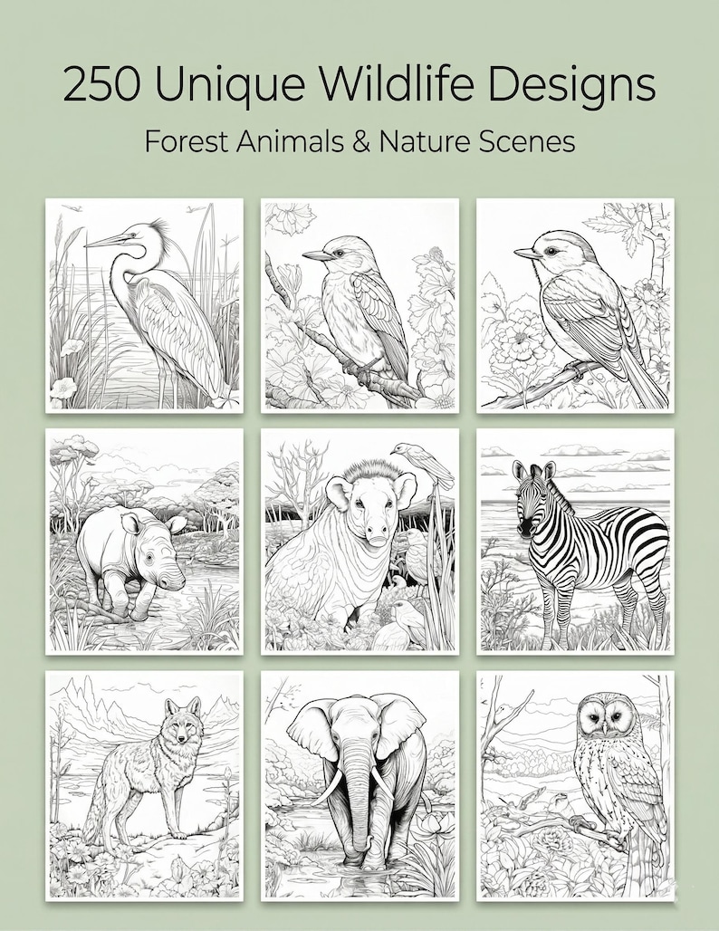 May include: Nine black and white illustrations of forest animals and nature scenes. The text at the top reads "250 Unique Wildlife Designs". The images include a heron, bird, rhino, zebra, wolf, elephant, and owl. Ideal for colouring.