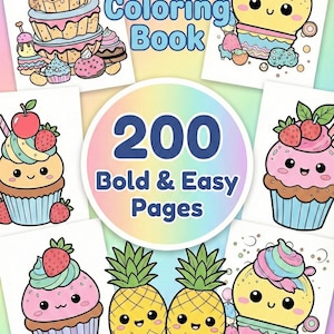 かわいい塗り絵ブック、大胆で簡単な200ページ（デジタルダウンロード）、PLRとMRR付き