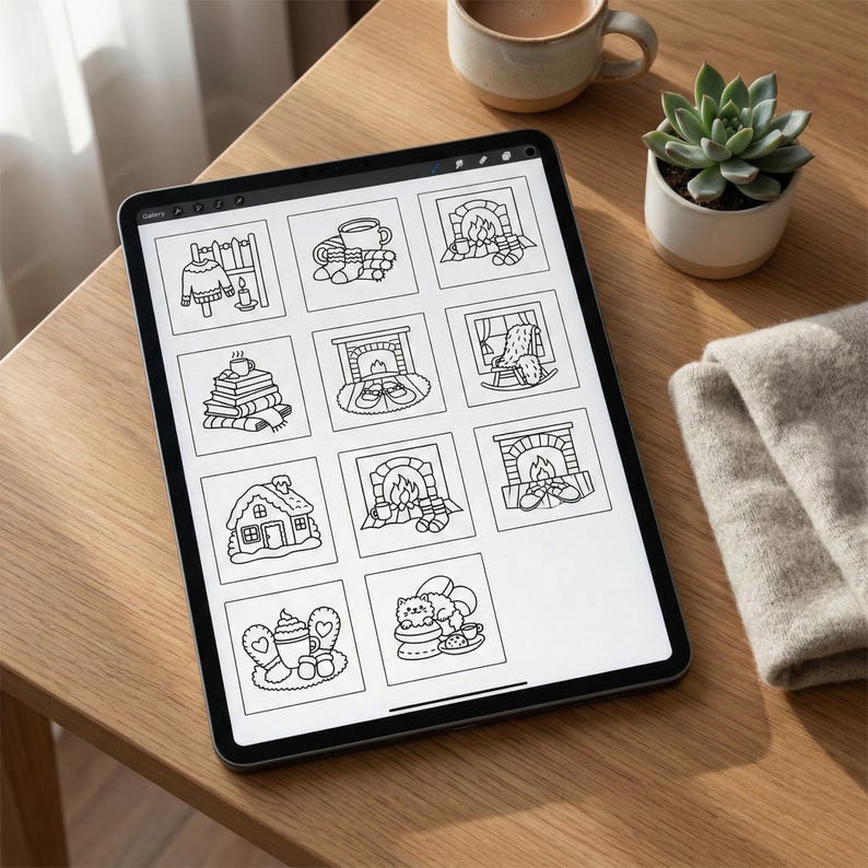 May include: A digital tablet shows a grid of black and white line art illustrations with a cosy theme. The drawings include a fireplace, a stack of books, a house, and a cat. The tablet is on a wooden table, with a cup of coffee, a succulent, and a folded blanket.