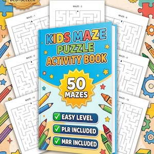 Könnte beinhalten: Ein hellblaues Aktivitätsbuch mit dem Titel Kids Maze Puzzle Activity Book und dem Text 50 Mazes, Easy Level, PLR Included und MRR Included auf dem Einband. Das Buch ist von mehreren weißen Seiten mit schwarz-weißen Labyrinth-Designs umgeben.