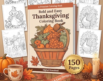 Thanksgiving Coloring Book, 150 Bold Easy Fall Pages (Digital Download)