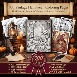 May include: A collection of 300 vintage Halloween coloring pages featuring a central image of a skeleton sitting among pumpkins. The display includes various printed sheets, a lantern, candles, a quill, and a wax seal stamp on a wooden surface.