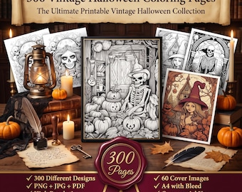 May include: A collection of 300 vintage Halloween coloring pages featuring a central image of a skeleton sitting among pumpkins. The display includes various printed sheets, a lantern, candles, a quill, and a wax seal stamp on a wooden surface.