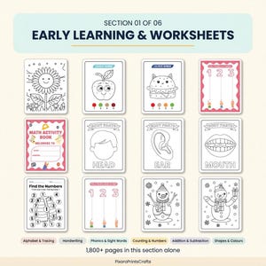 Peut inclure: Un ensemble de douze fiches d'exercices d'apprentissage pr&eacute;coce avec des illustrations en noir et blanc, dont un tournesol, une pomme, un burger, des chiffres et des parties du corps. Le texte indique "SECTION 01 OF 06 EARLY LEARNING & WORKSHEETS".