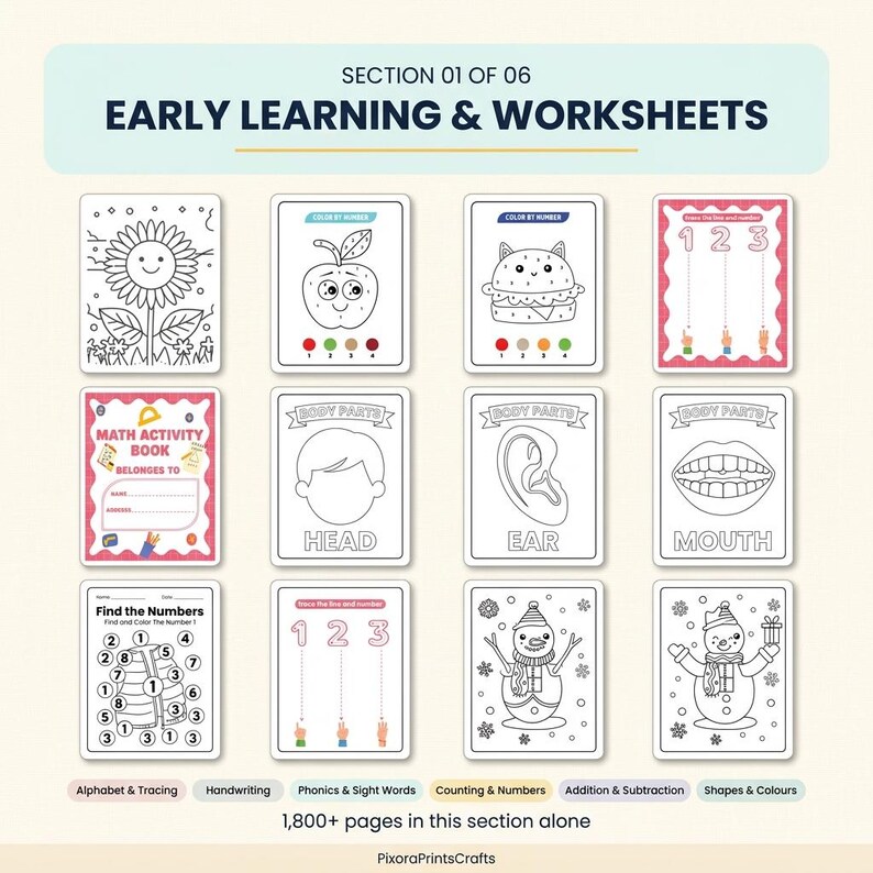 Peut inclure: Un ensemble de douze fiches d'exercices d'apprentissage pr&eacute;coce avec des illustrations en noir et blanc, dont un tournesol, une pomme, un burger, des chiffres et des parties du corps. Le texte indique "SECTION 01 OF 06 EARLY LEARNING & WORKSHEETS".