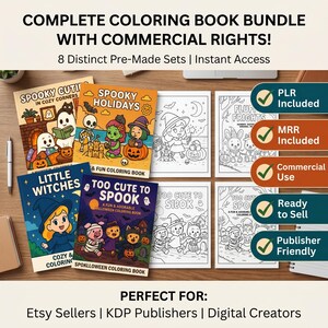 May include: A digital coloring book bundle featuring eight distinct sets with Halloween themes. The covers display colorful illustrations of ghosts, witches, and pumpkins with text including Spooky Cuties, Spooky Holidays, Little Witches, and Too Cute To Spook.