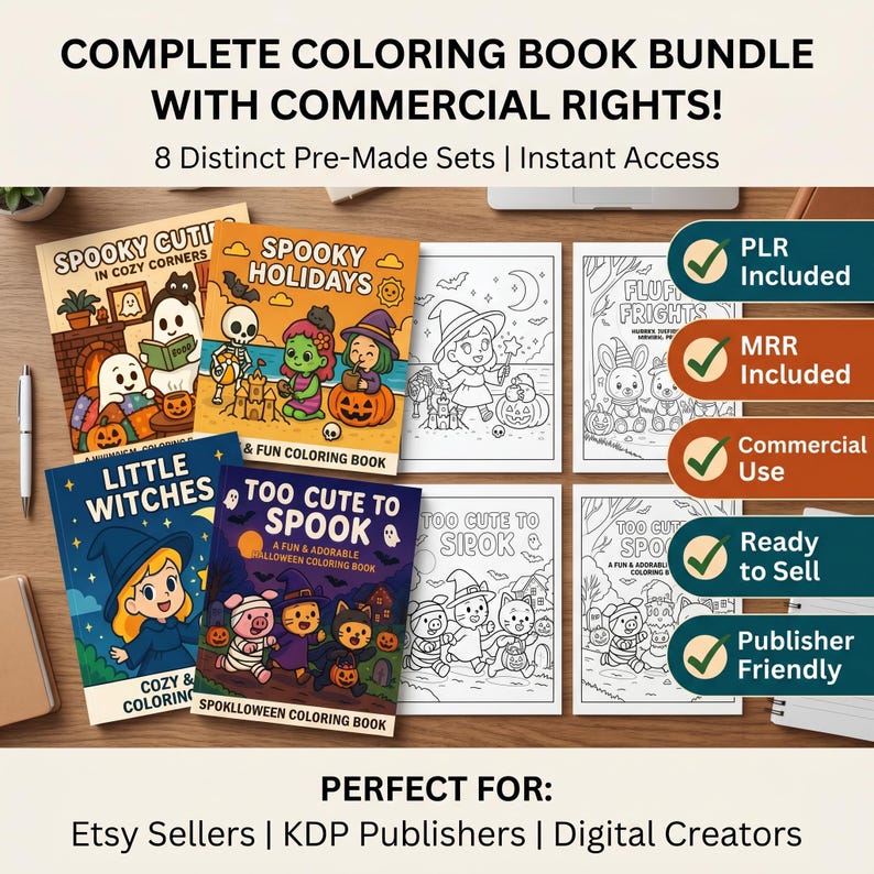 May include: A digital coloring book bundle featuring eight distinct sets with Halloween themes. The covers display colorful illustrations of ghosts, witches, and pumpkins with text including Spooky Cuties, Spooky Holidays, Little Witches, and Too Cute To Spook.