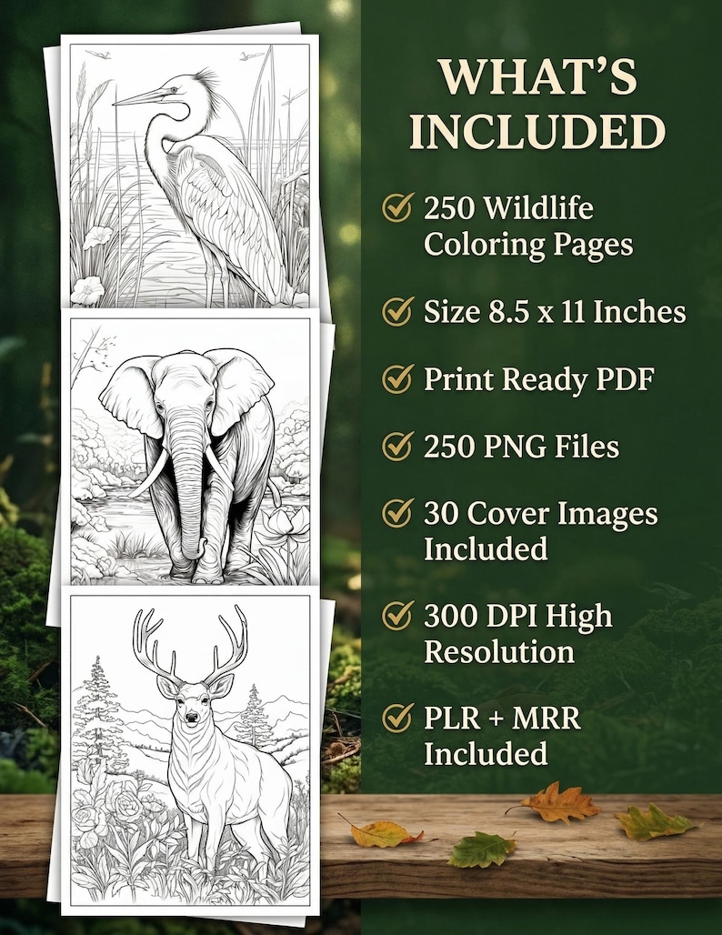May include: Three black and white wildlife coloring pages featuring a heron, elephant, and deer. The text "WHAT'S INCLUDED" is displayed, along with details about the coloring pages, including size 21.6 x 27.9 cm.