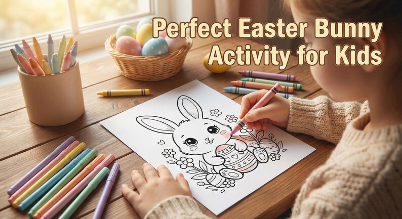 May include: A child coloring an Easter bunny picture with a pink marker. The image includes a basket of decorated eggs, a container of crayons, and the text "Perfect Easter Bunny Activity for Kids."