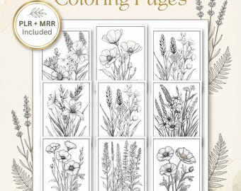 Wildflower Coloring Book, 100 plr mrr bold and easy coloring pages, Digital Download