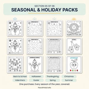 Peut inclure: Une collection de douze feuilles d'activit&eacute;s imprimables en noir et blanc intitul&eacute;e Section 05 of 06 Seasonal & Holiday Packs. Les pages pr&eacute;sentent des illustrations au trait de bonhommes de neige, labyrinthes, mots m&ecirc;l&eacute;s, moufles, cloche et tournesol.