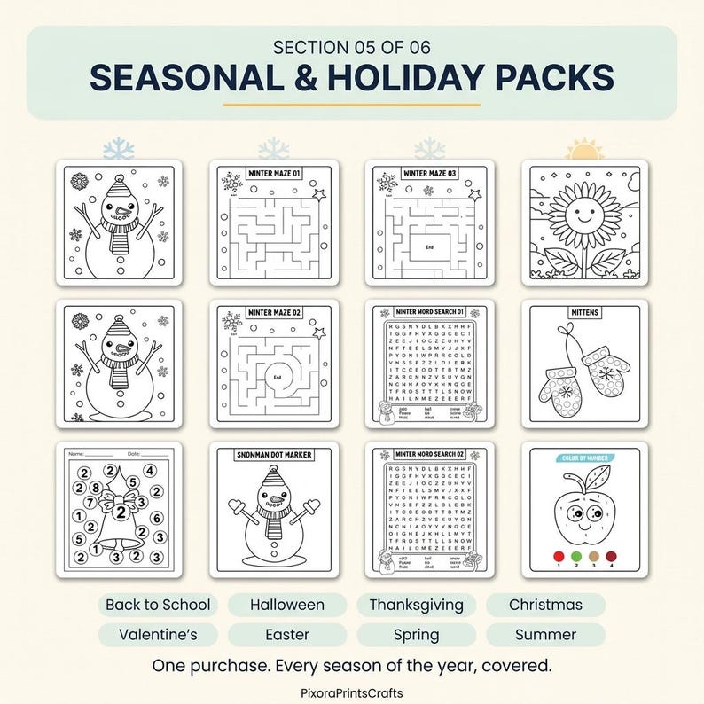 Peut inclure: Une collection de douze feuilles d'activit&eacute;s imprimables en noir et blanc intitul&eacute;e Section 05 of 06 Seasonal & Holiday Packs. Les pages pr&eacute;sentent des illustrations au trait de bonhommes de neige, labyrinthes, mots m&ecirc;l&eacute;s, moufles, cloche et tournesol.