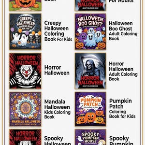 May include: A collection of ten Halloween-themed coloring books for kids and adults, featuring titles like Pumpkin House, Creepy Halloween, Horror Halloween, Halloween Boo Ghost, Mandala Halloween, Pumpkin Patch, and Spooky Pumpkin House. Includes 770+ pages and 280+ covers.
