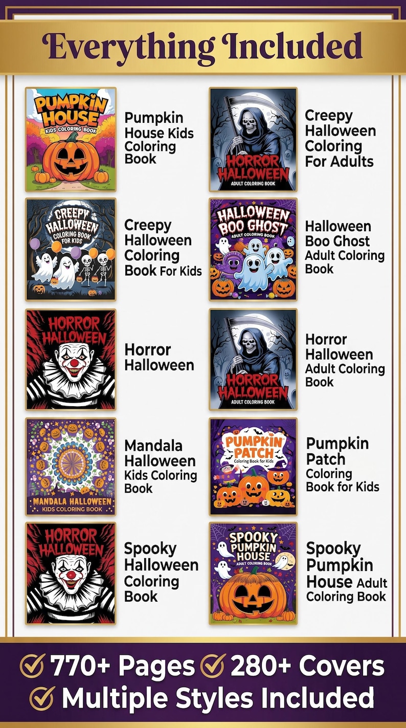 May include: A collection of ten Halloween-themed coloring books for kids and adults, featuring titles like Pumpkin House, Creepy Halloween, Horror Halloween, Halloween Boo Ghost, Mandala Halloween, Pumpkin Patch, and Spooky Pumpkin House. Includes 770+ pages and 280+ covers.