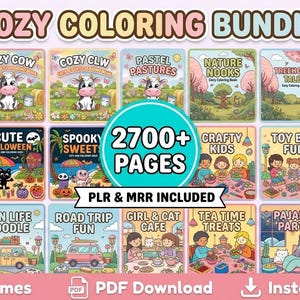 Puede incluir: Un paquete de libros para colorear digitales con 17 temas, incluyendo "Cozy Cow", "Cute Halloween" y "Kawaii Travels". La imagen presenta ilustraciones de dibujos animados y el texto "Cozy Coloring Bundle" y "2700+ Pages".