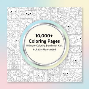 Könnte beinhalten: Ein quadratisches Malbuch mit einem Raster aus schwarz-weißen Illustrationen von Tieren und Bauernhofszenen. Ein silberner Kreis in der Mitte zeigt "10.000+ Malvorlagen" und "Ultimate Coloring Bundle for Kids".