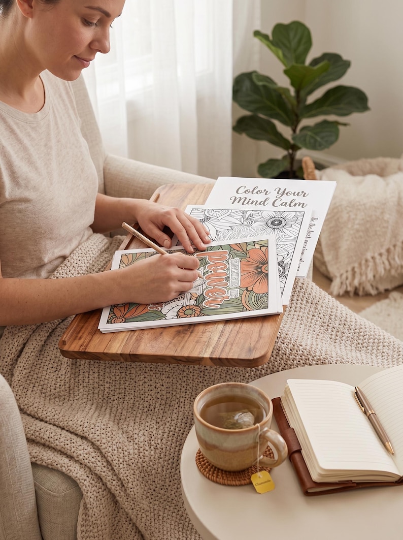 May include: A person coloring in a floral-themed coloring book with the words "Color Your Mind Calm". A wooden tray holds the book and a pencil. A cup of tea and a notebook are on a side table.