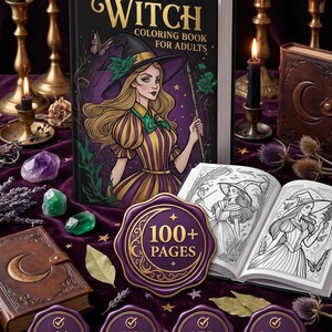 May include: A Witch Coloring Book for Adults with a black cover featuring a blonde character in a witch hat and striped dress. The book includes 100+ pages, with an open interior showing black and white line art illustrations of witches.