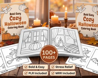 Cozy Halloween Coloring Book, Bold Easy Stress Relief Pages, PLR and MRR (Digital Download)