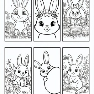 May include: Black and white line drawings of Easter bunnies in various poses. One bunny is in a basket with Easter eggs, another is holding an egg, and others are surrounded by flowers and grass. The text "Real Pages From The Bundle" is at the bottom.