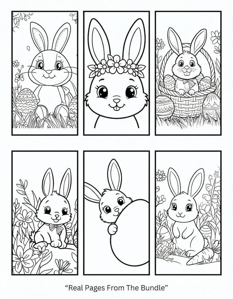 May include: Black and white line drawings of Easter bunnies in various poses. One bunny is in a basket with Easter eggs, another is holding an egg, and others are surrounded by flowers and grass. The text "Real Pages From The Bundle" is at the bottom.