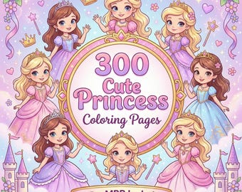 Princess Coloring Coloring Book, 300 Bold & Easy Pages (Digital Download), PLR and MRR Included
