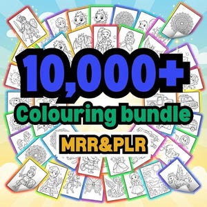 Puede incluir: Un conjunto de páginas para colorear con ilustraciones de caballeros, princesas, dragones y mandalas. La imagen muestra el texto "10,000+ Colouring bundle" en azul y verde, con "MRR&PLR" en una pancarta amarilla y negra.