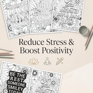 May include: A collection of black and white coloring pages with floral designs and inspirational quotes. The text includes phrases like "There is power in kindness" and "A goal without a plan is just a wish." Pencils and a small bowl are also visible.