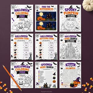 May include: A collection of nine printable Halloween activity sheets featuring coloring pages, find the differences, matching games, and word searches. The black and white designs include ghosts, pumpkins, haunted houses, and bats with text.