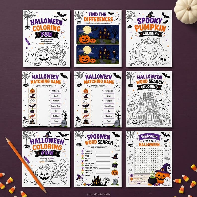 May include: A collection of nine printable Halloween activity sheets featuring coloring pages, find the differences, matching games, and word searches. The black and white designs include ghosts, pumpkins, haunted houses, and bats with text.