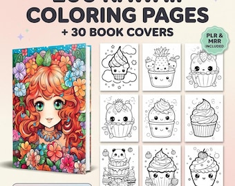 Kawaii Coloring Book, 200 Bold & Easy Pages (Digital Download), PLR and MRR Included
