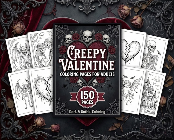 Creepy Valentine Coloring Book, 150 Bold & Easy Pages (Digital Download), PLR and MRR Included