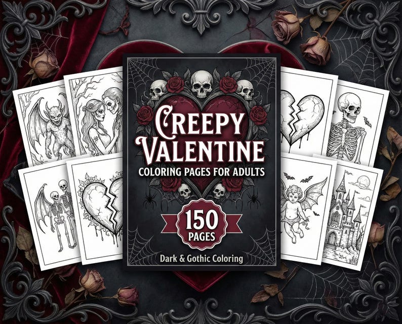 K&ouml;nnte beinhalten: Eine Sammlung von Malvorlagen f&uuml;r Erwachsene mit einem dunklen und gotischen Thema. Auf dem Cover des Malbuchs steht "Creepy Valentine Coloring Pages for Adults" mit Totenk&ouml;pfen und Rosen. Das Buch enth&auml;lt 150 Seiten. Die umliegenden Seiten zeigen Schwarz-Wei&szlig;-Illustrationen.