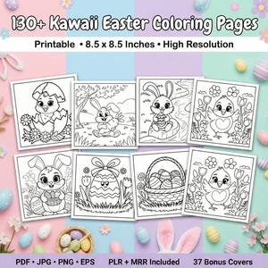 130+ kawaii kleurboek voor Pasen, vetgedrukte en gemakkelijke pagina's, PLR en MRR (digitale download)