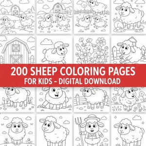 Può includere: Una raccolta di 200 pagine da colorare di pecore per bambini, disponibile come download digitale. Le illustrazioni in bianco e nero raffigurano varie pecore in diverse scene, con pastelli e materiali artistici.