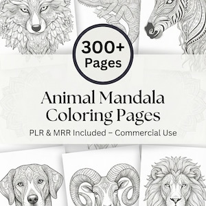Puede incluir: Páginas para colorear de mandalas de animales en blanco y negro. La imagen presenta ilustraciones detalladas de un zorro, un camaleón, una cebra, un perro, un carnero y un león. El texto dice "300+ Páginas".