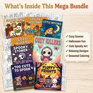 May include: A collection of coloring books titled What's Inside This Mega Bundle, featuring colorful covers with illustrations of ghosts, witches, and animals. A list on the right highlights Cozy Scenes, Halloween Fun, Cute Spooky Art, Relaxing Designs, and Seasonal Coloring.