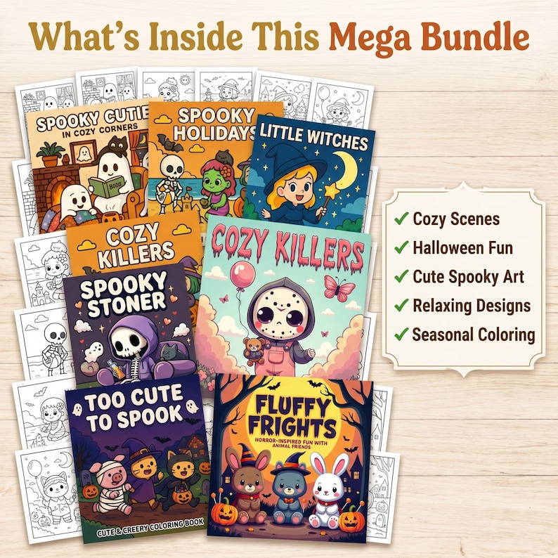 May include: A collection of coloring books titled What's Inside This Mega Bundle, featuring colorful covers with illustrations of ghosts, witches, and animals. A list on the right highlights Cozy Scenes, Halloween Fun, Cute Spooky Art, Relaxing Designs, and Seasonal Coloring.