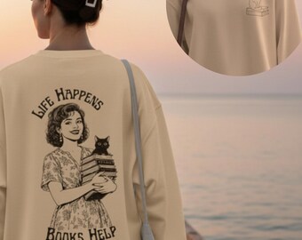 Das Leben passiert Bücher Hilfe Sweatshirt | Buchliebhaber Rundhalsausschnitt | Gemütlicher Reader Aesthetic Pullover | Vintage Bücherwurm Sweatshirt Geschenk