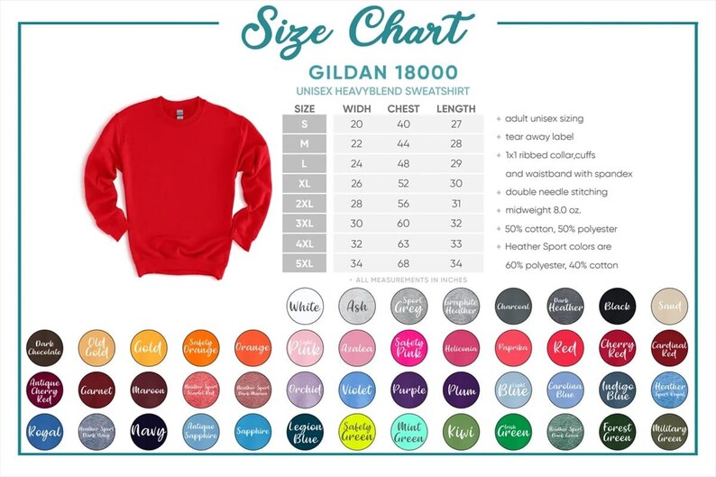 K&ouml;nnte beinhalten: Ein rotes Gildan 18000 Unisex-Heavyblend-Sweatshirt. Die Gr&ouml;&szlig;entabelle zeigt die Ma&szlig;e in Zoll, mit Gr&ouml;&szlig;en von S bis 5XL. Farboptionen sind Wei&szlig;, Schwarz und verschiedene Blau-, Gr&uuml;n- und Rott&ouml;ne.
