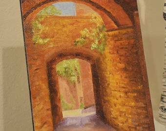 ITALIE 5 x 7 vieux village en pierre Architecture paysage pays rustique original fait main one-of-a-kind peinture à l'huile art mural (pas une impression)