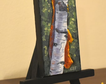 Bouleaux sur le chemin 2 x 3 mini peinture à l'huile originale sur toile ACEO unique en son genre peinte à la main (pas une impression)